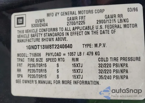 1996 Chevrolet Blazer z USA, uszkodzony, nr VIN 1GNDT13W8T2240640